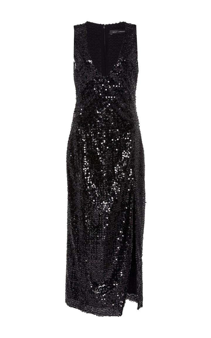 Sally Lapointe Vertical Sequin Embroidered High Slit Dress