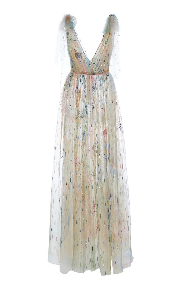 Monique Lhuillier Embroidered V-neck Gown