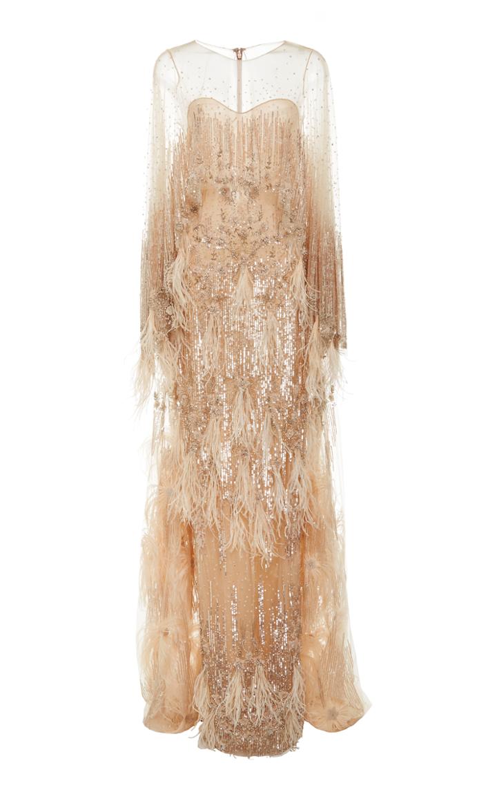 Pamella Roland Double Cape Tulle Gown With Sequin And Ostrich Feather Plumes