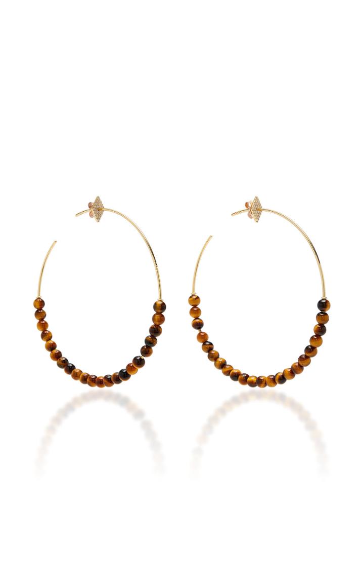 Diane Kordas Diamond Motif Hoop Tiger Eye Bead Earrings