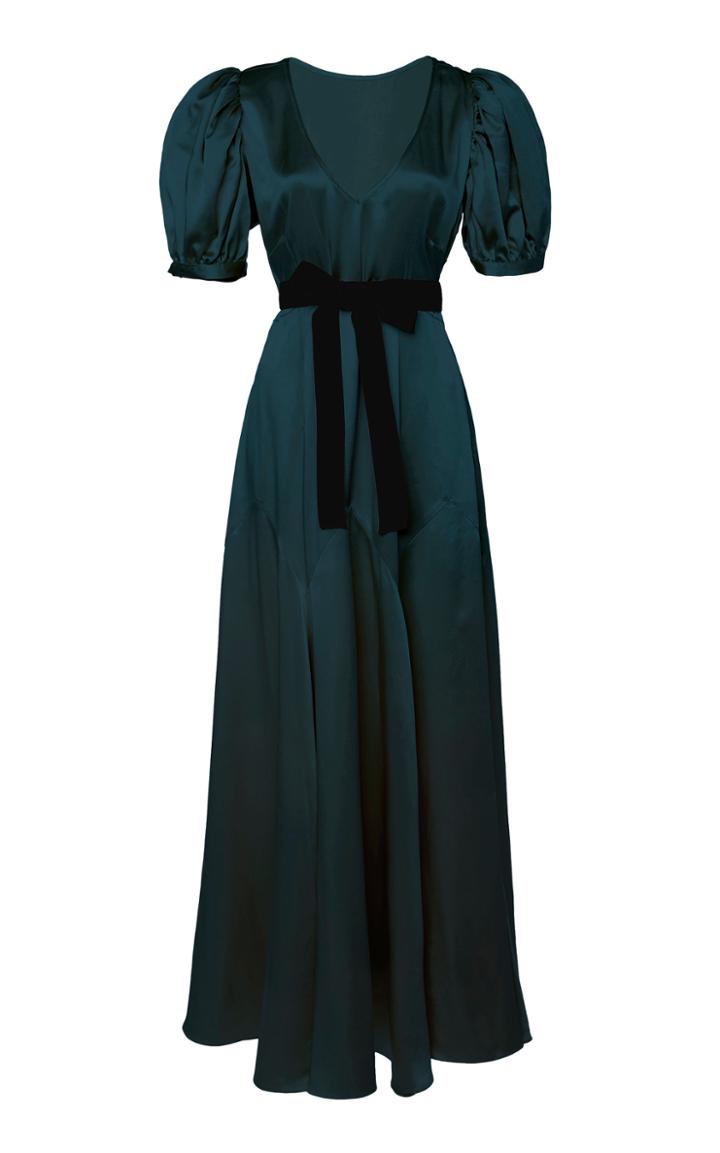Black Iris Daisy Silk Charmeuse V-neck Midi Dress