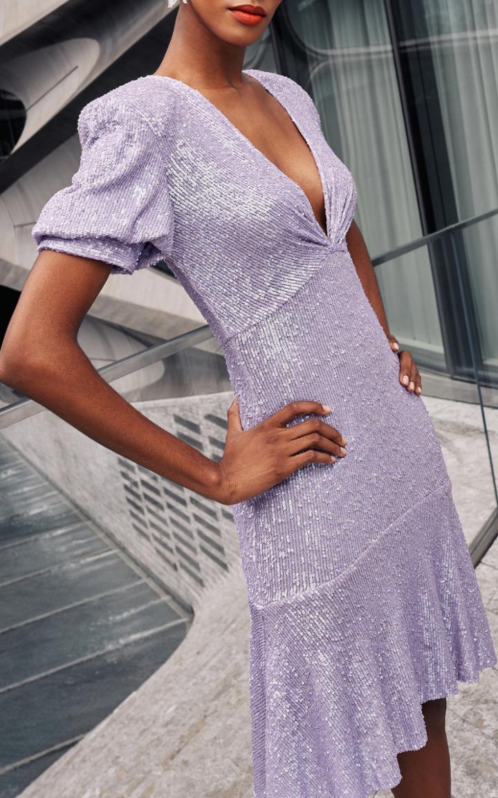 Moda Operandi Naeem Khan Sequin Flounce Dress With Puff Sleeves
