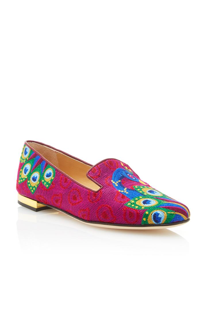 Charlotte Olympia M'o Exclusive: Peacock Embroidered Canvas Slippers