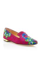 Charlotte Olympia M'o Exclusive: Peacock Embroidered Canvas Slippers