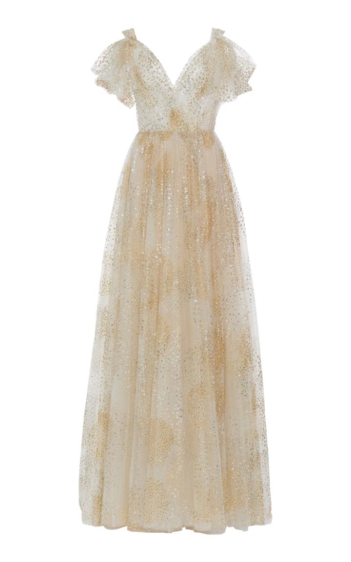 Moda Operandi Monique Lhuillier Cold-shoulder Sequined Tulle Gown Size: 4
