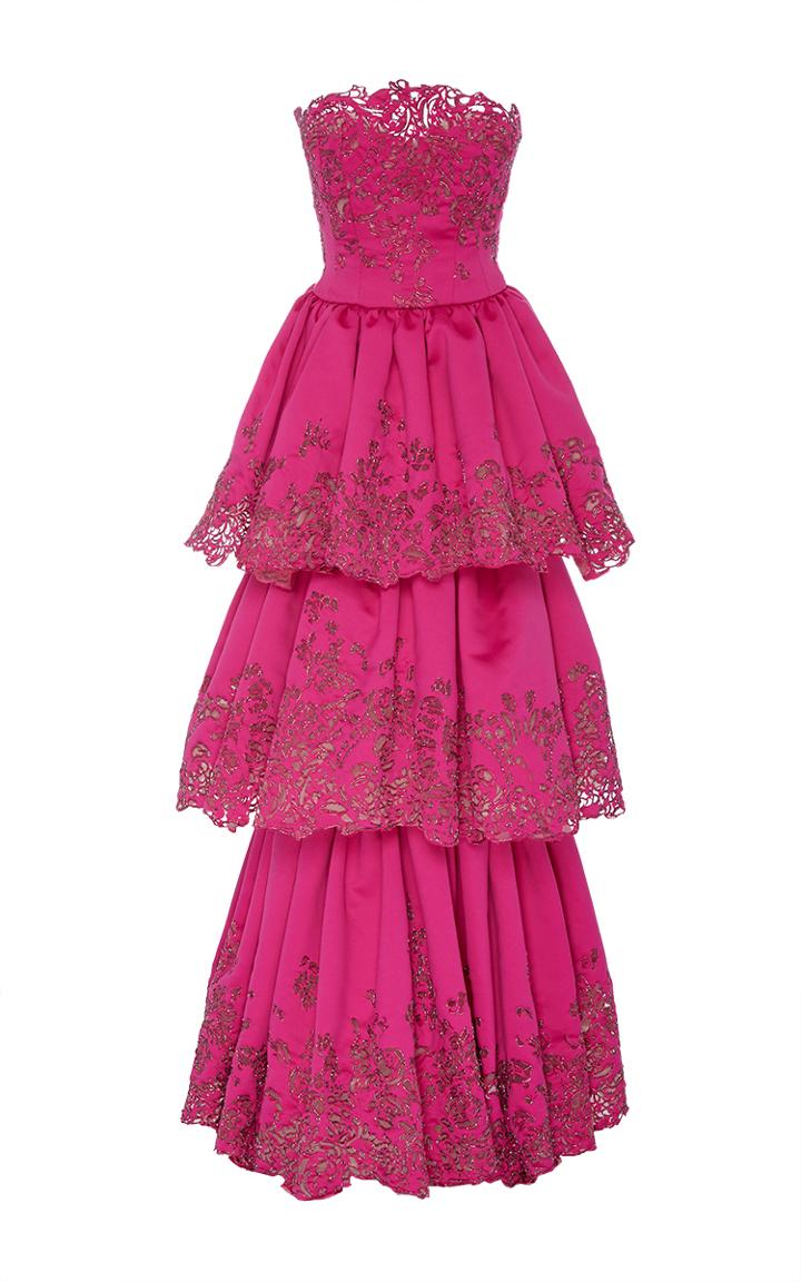 Marchesa Embroidered Laser Cut Tiered Gown