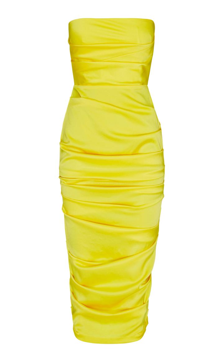 Alex Perry Ace Strapless Ruched Satin Midi Dress