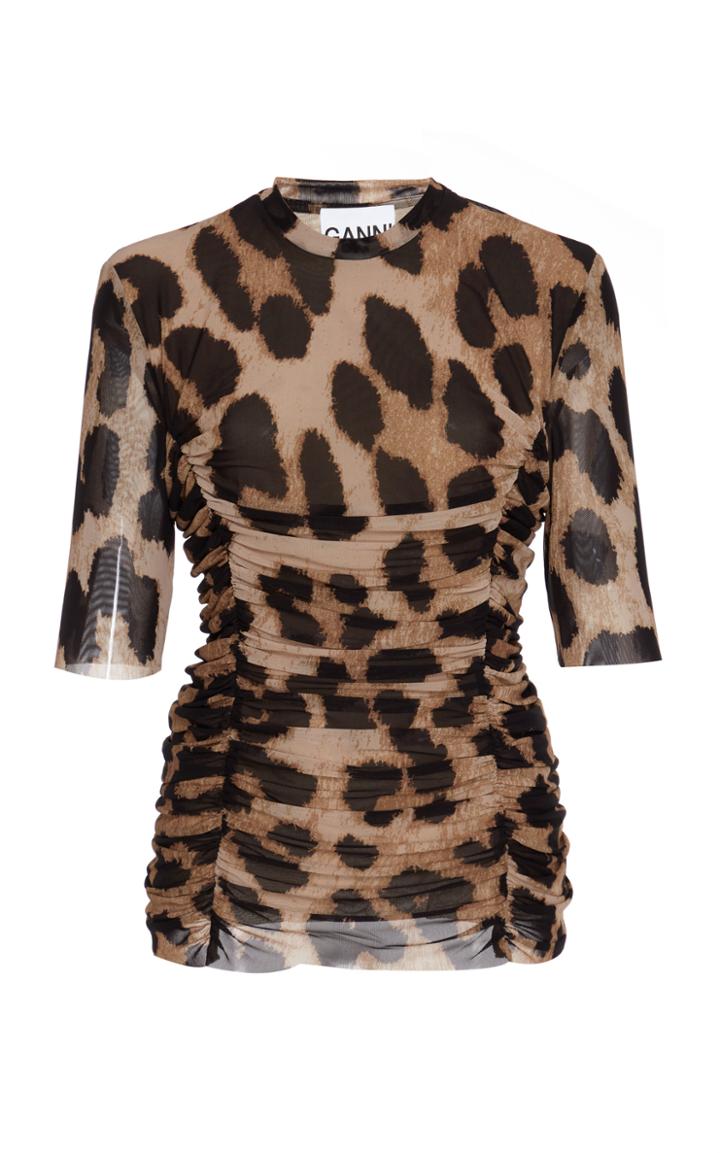 Ganni Ruched Leopard-print Mesh Top