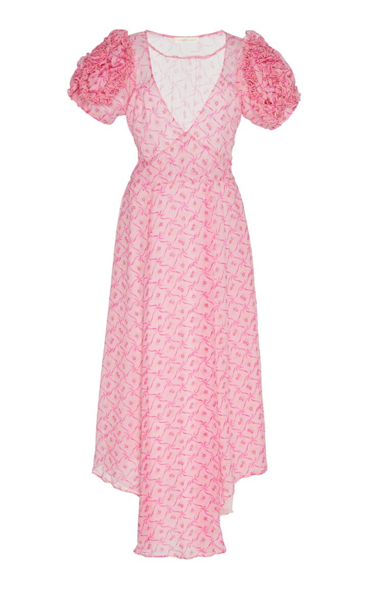 Moda Operandi Loveshackfancy Clemence Silk Floral Puff Sleeve Midi Dress Size: 0