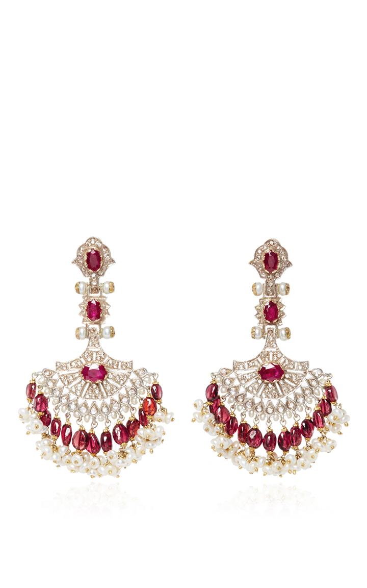 Sanjay Kasliwal Pearl And Ruby Chandelier Earrings