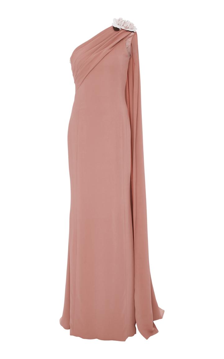 Elizabeth Kennedy One Shoulder Gown With Flowers And Draping Detail