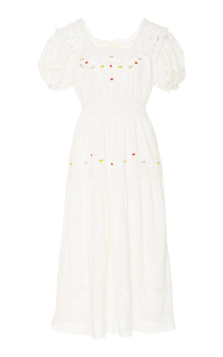 Moda Operandi Loveshackfancy Ayden Cotton Floral Motif Midi Dress Size: P