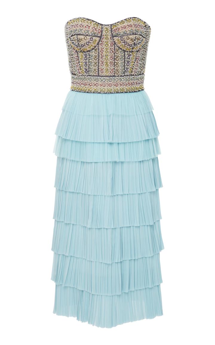 J. Mendel Strapless Embroidered Bodice Cocktail Dress With Hand Pleated Mousseline Skirt