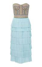 J. Mendel Strapless Embroidered Bodice Cocktail Dress With Hand Pleated Mousseline Skirt