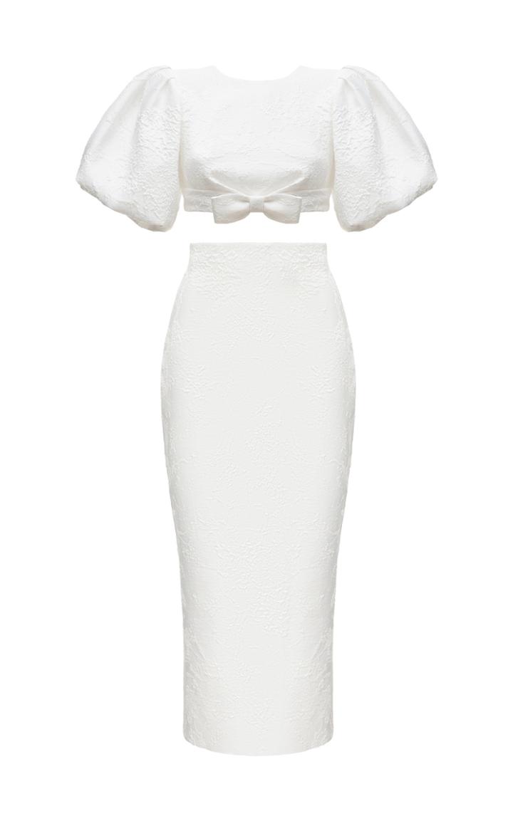 Moda Operandi Rasario Puff-sleeve Bow-embellished Jacquard Top And Jacquard Midi Ski