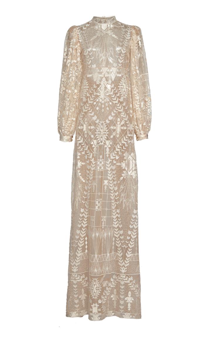 Sandra Mansour Caramel Embroidered Tulle Dress