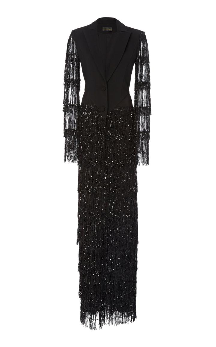 Moda Operandi Christian Siriano Sequined Tiered Fringed Tuxedo Gown Size: 2