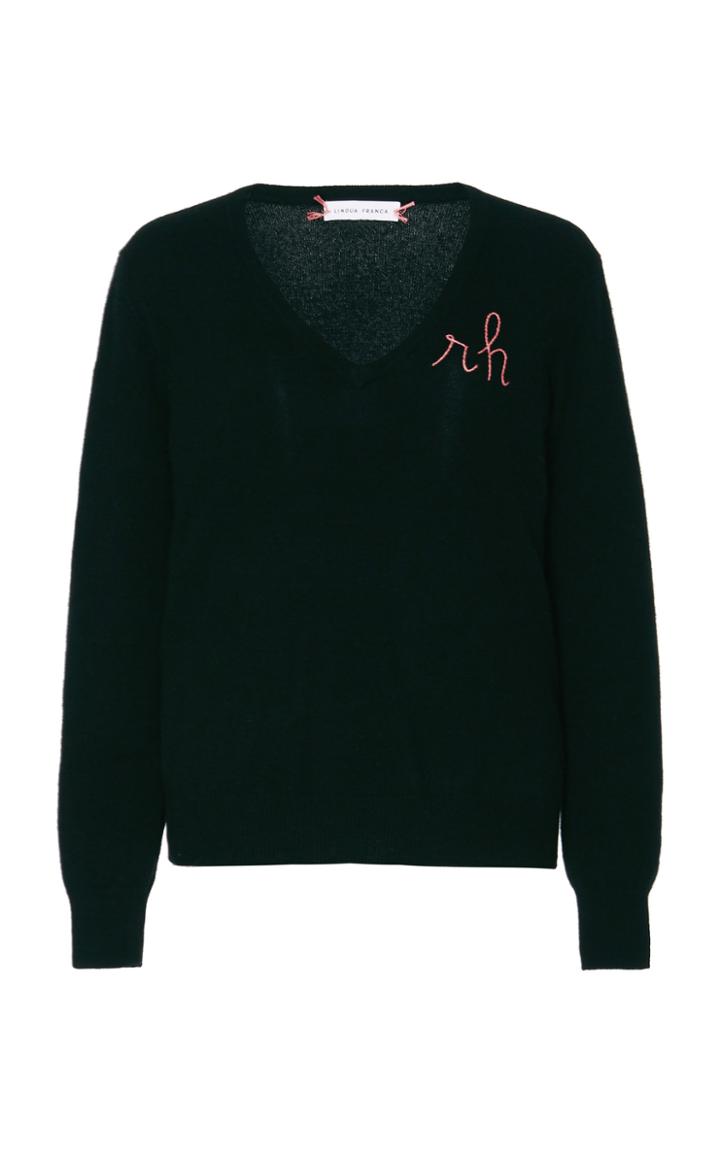 Moda Operandi Lingua Franca Monogrammed V-neck Cashmere Sweater With Hot Pink Thread