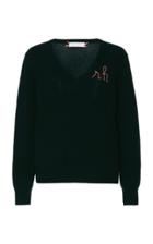 Moda Operandi Lingua Franca Monogrammed V-neck Cashmere Sweater With Hot Pink Thread