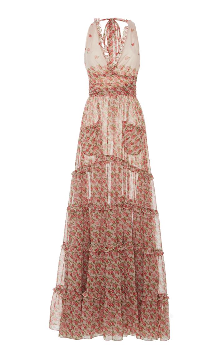 Luisa Beccaria Georgette Printed Roses Long Dress