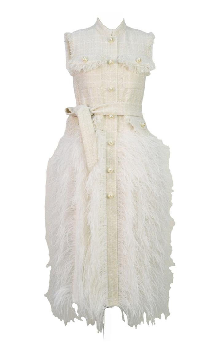 Moda Operandi Huishan Zhang Wyatt Feather-trimmed Fringed Tweed Midi Dress