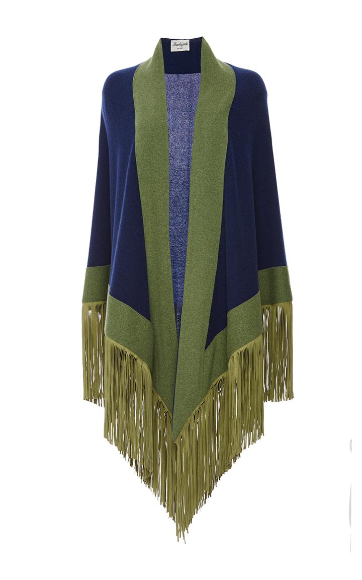 Barbajada Leather Fringe Shawl In Inchiostro And Siepe