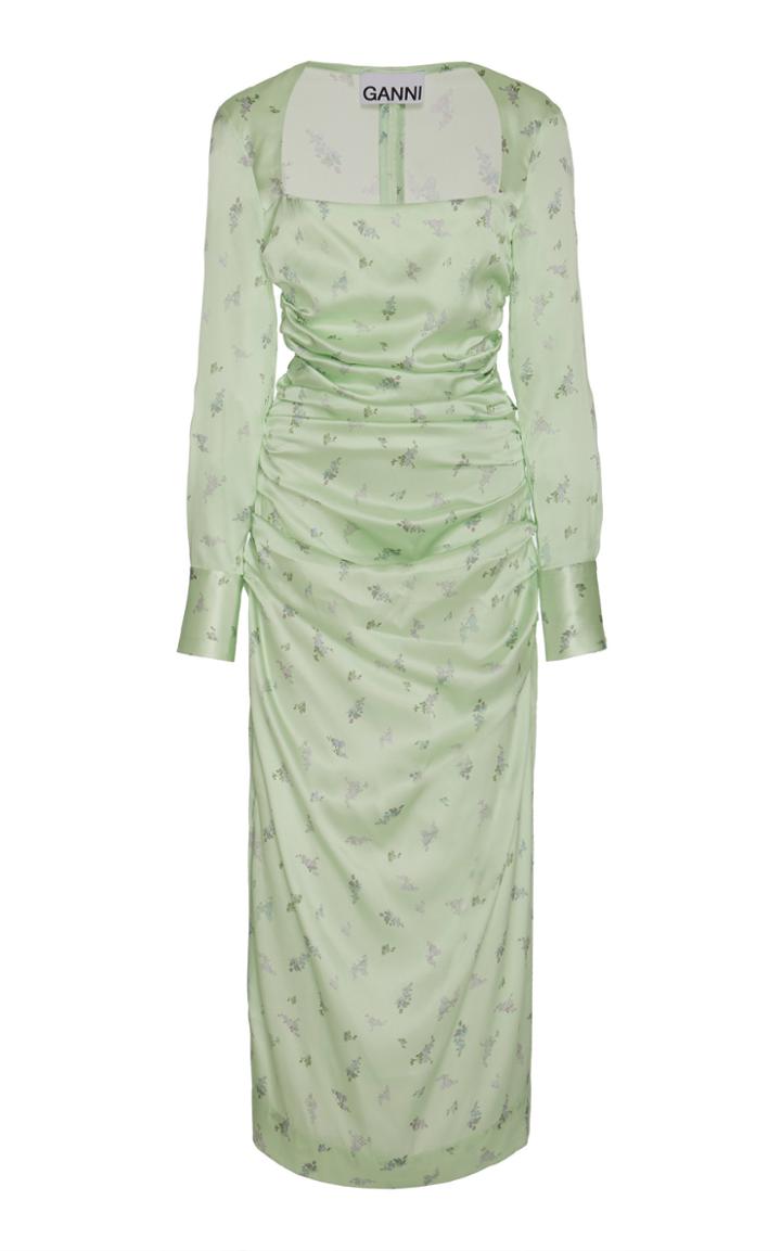 Ganni Silk Stretch Satin Floral Print Midi Dress