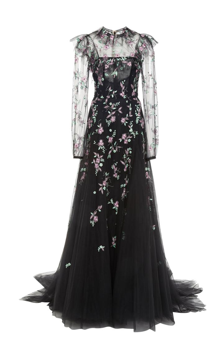 Monique Lhuillier Ruffled Embroidered Gown