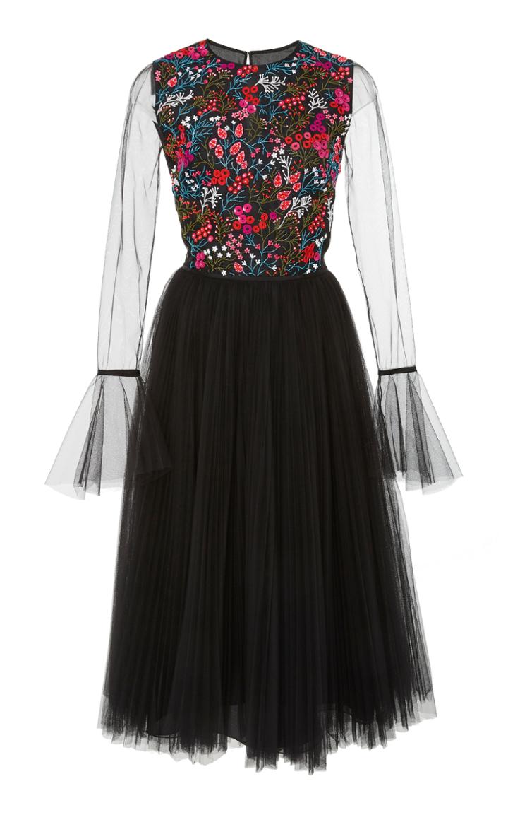 Carolina Herrera Long Sleeve Embroidered Cocktail Dress