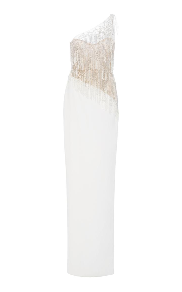 Pamella Roland One Shoulder Beaded Fringe Gown