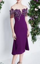 Pamella Roland Fringe Floral-embroidered Crepe Dress
