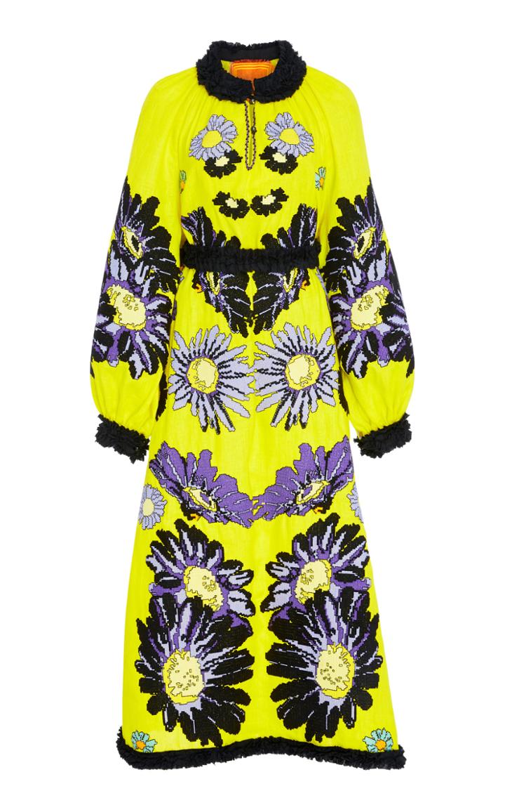 Yuliya Magdych Loves Me Loves Me Not Embroidered Puff Sleeve Linen Dress