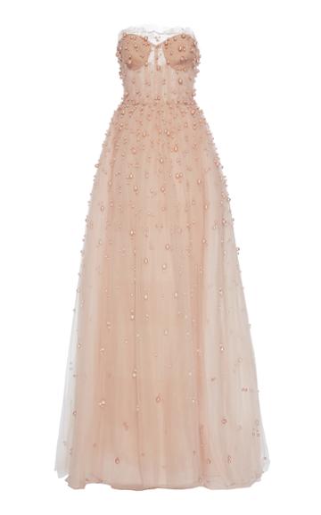 Reem Acra Pearl Embroidered Strapless Ballgown