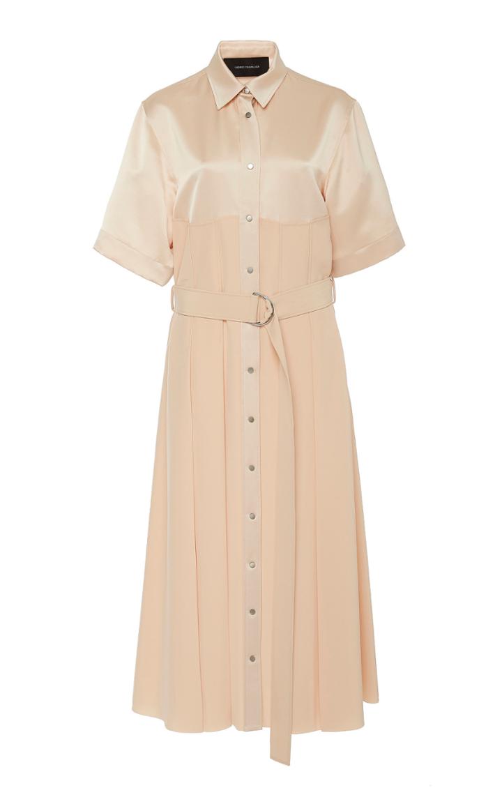 Cdric Charlier Belted Collared Satin Shirt Dress