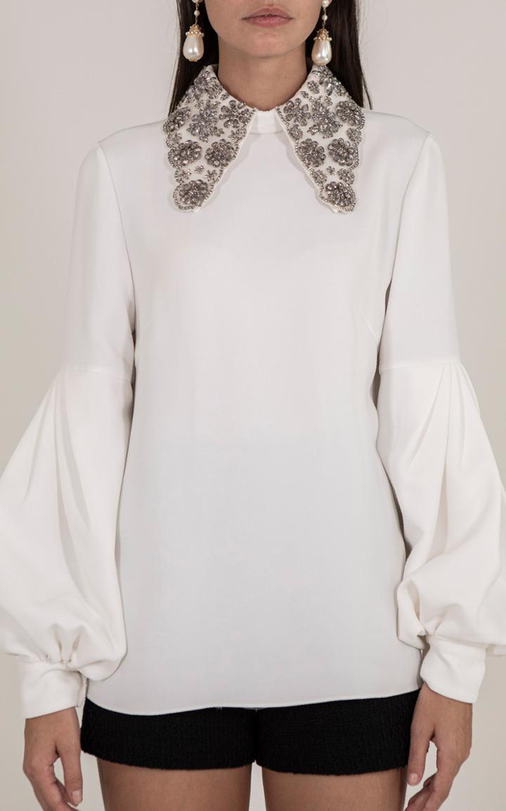 Moda Operandi Andrew Gn Balloon-sleeved Embellished Crepe Top