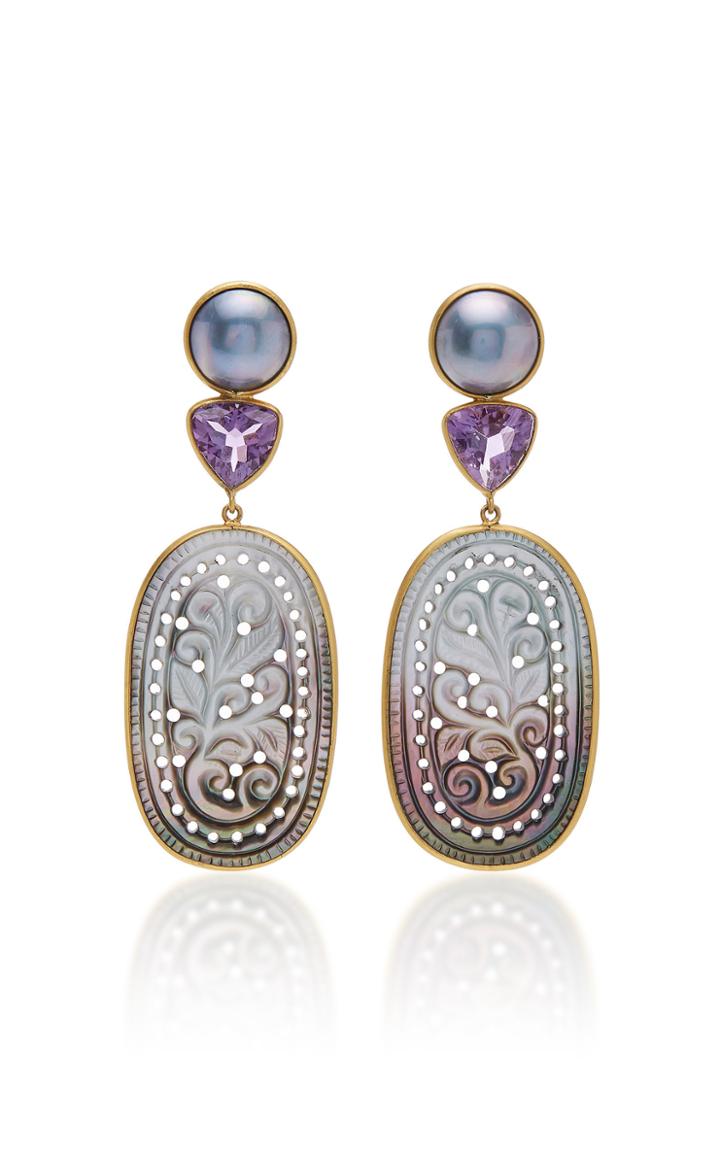 Bahina One Of A Kind Carved Mother Of Pearl Earrings With Blue Mabe Pearl