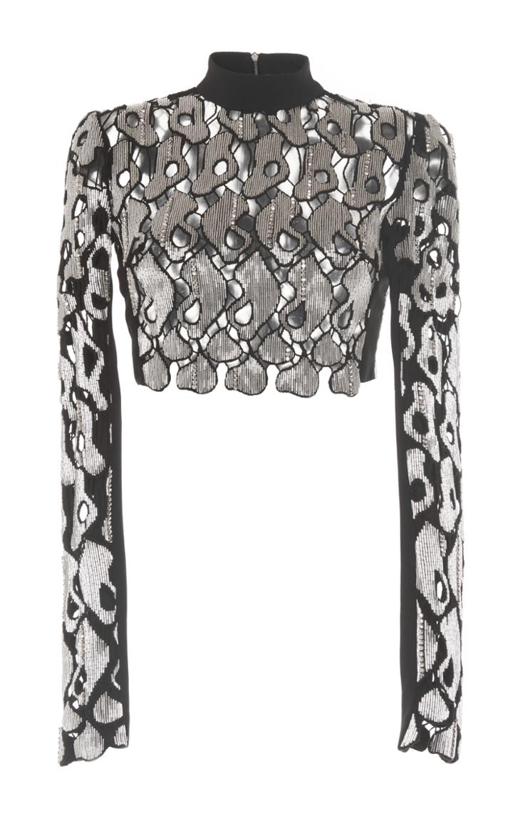 David Koma Embellished Lace Long Sleeve Cropped Top