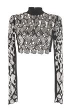 David Koma Embellished Lace Long Sleeve Cropped Top
