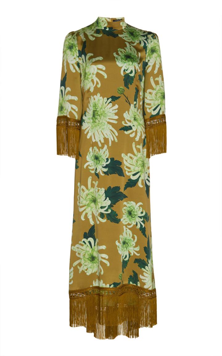 Andrew Gn Fringe-trimmed Floral Print Silk-blend Dress