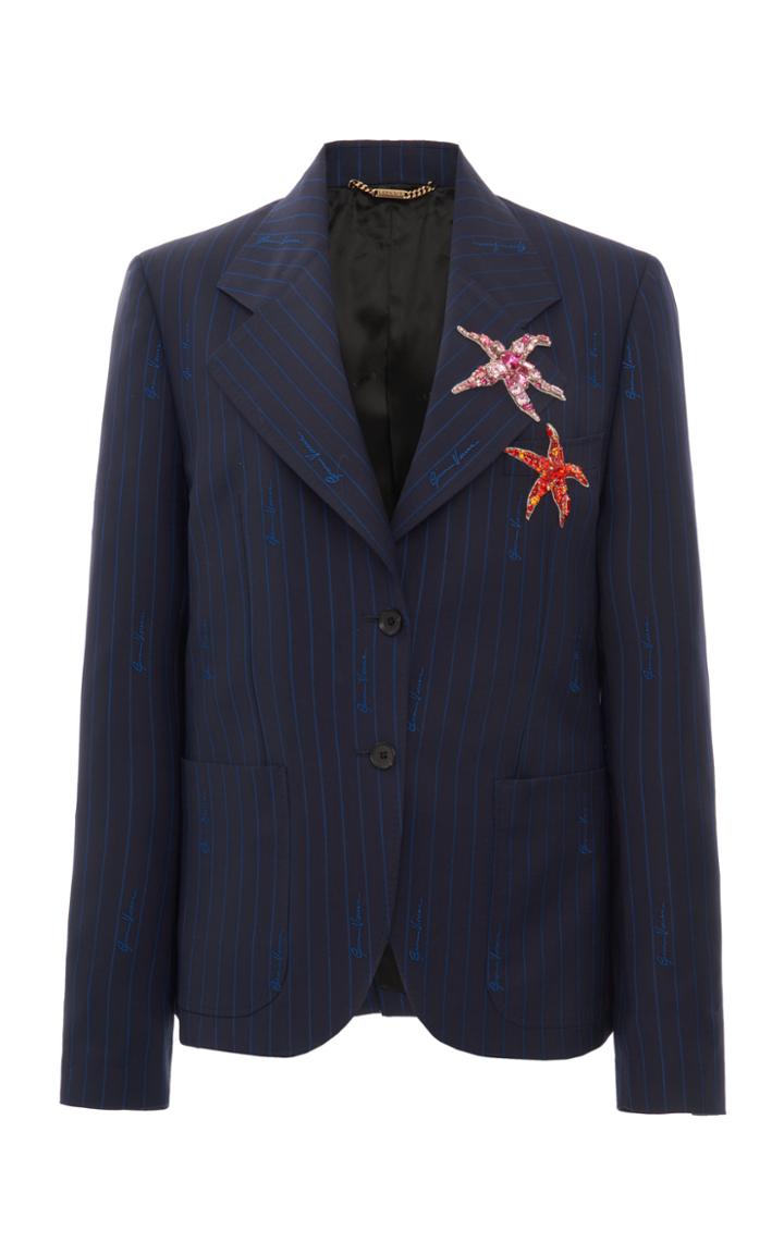 Moda Operandi Versace Logo Pinstriped Wool-blend Blazer