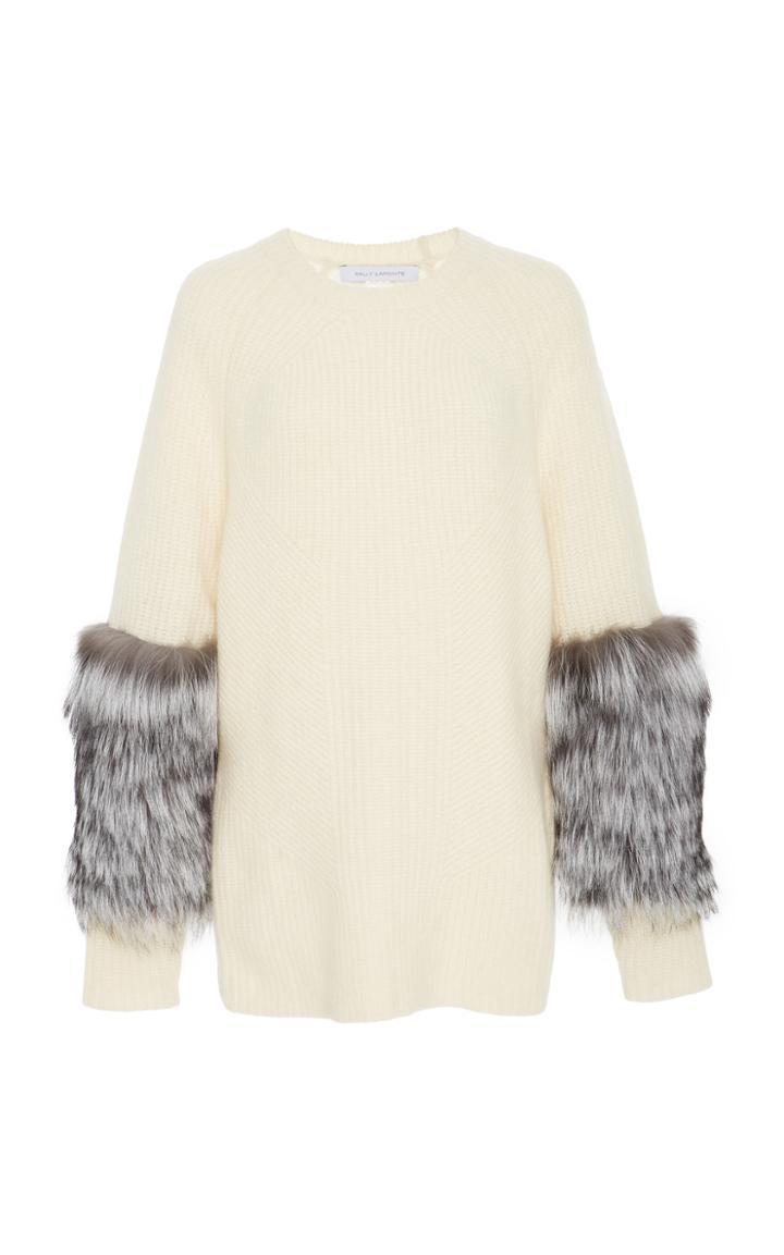 Sally Lapointe Rib Knit Fur Sleeve Pullover