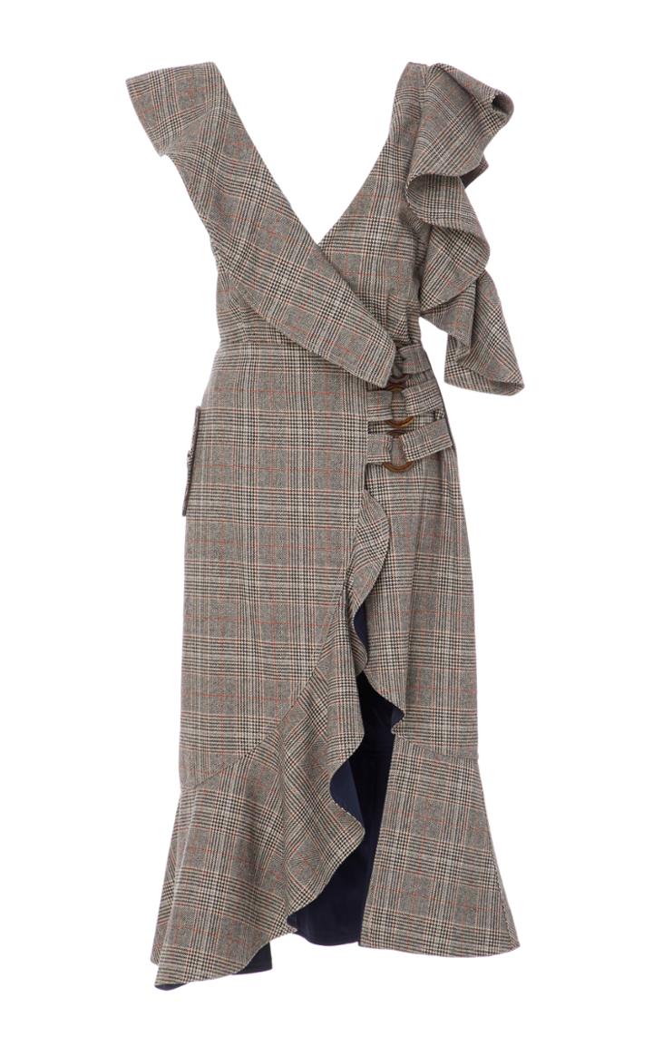 Self Portrait Ruffled Plaid Wrap Dress