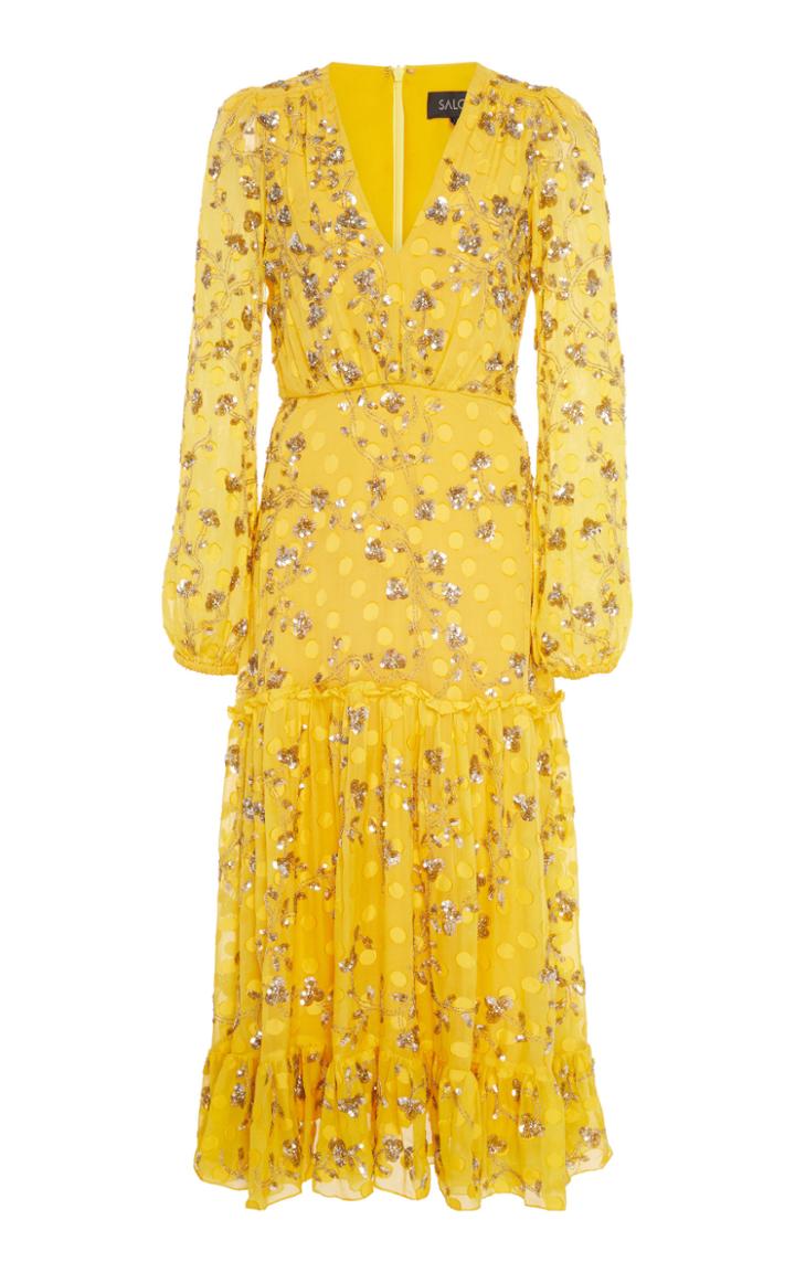 Saloni Devon Sequined Floral-print Silk-chiffon Midi Dress
