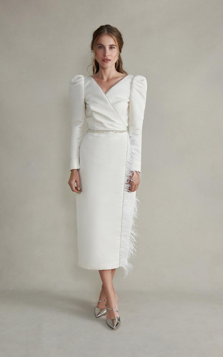 Markarian Artemis Midi Sleeved Silk Crossover Dress With Feathers