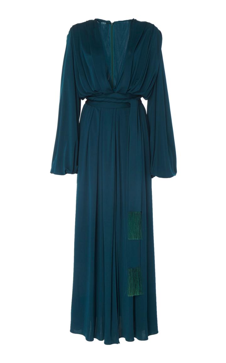 Oscar De La Renta Spruce V Neck Waist Tie Dress