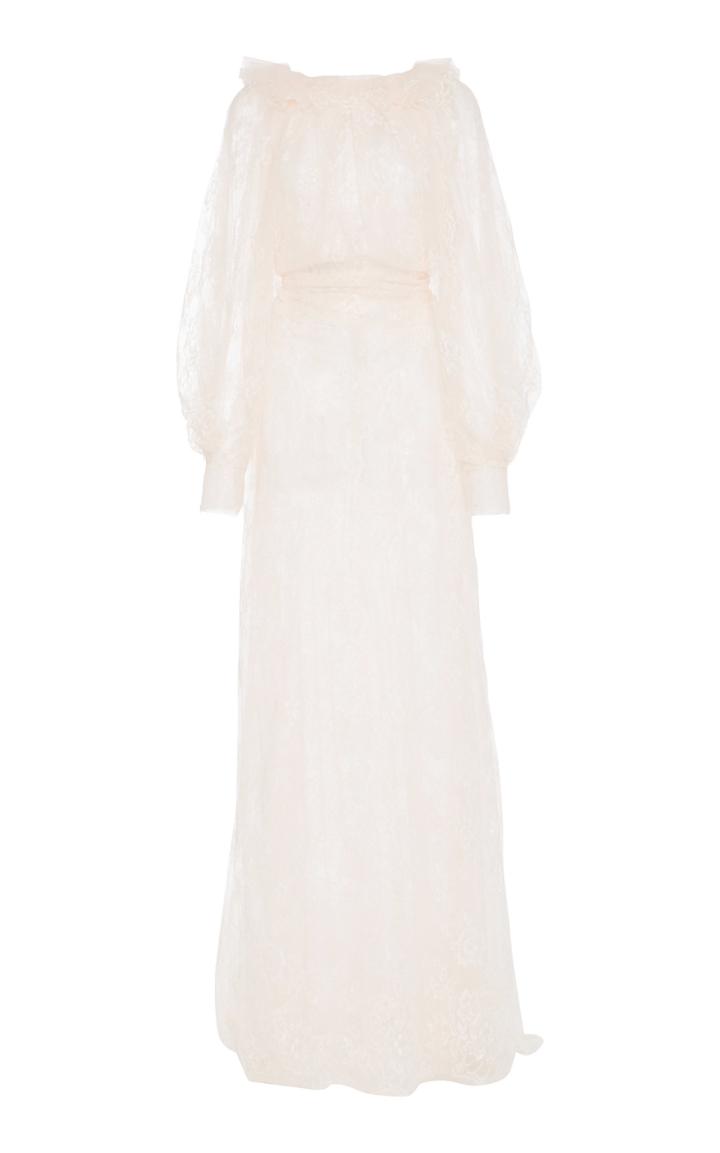 Monique Lhuillier Long Sleeve Cummerbund Lace Gown