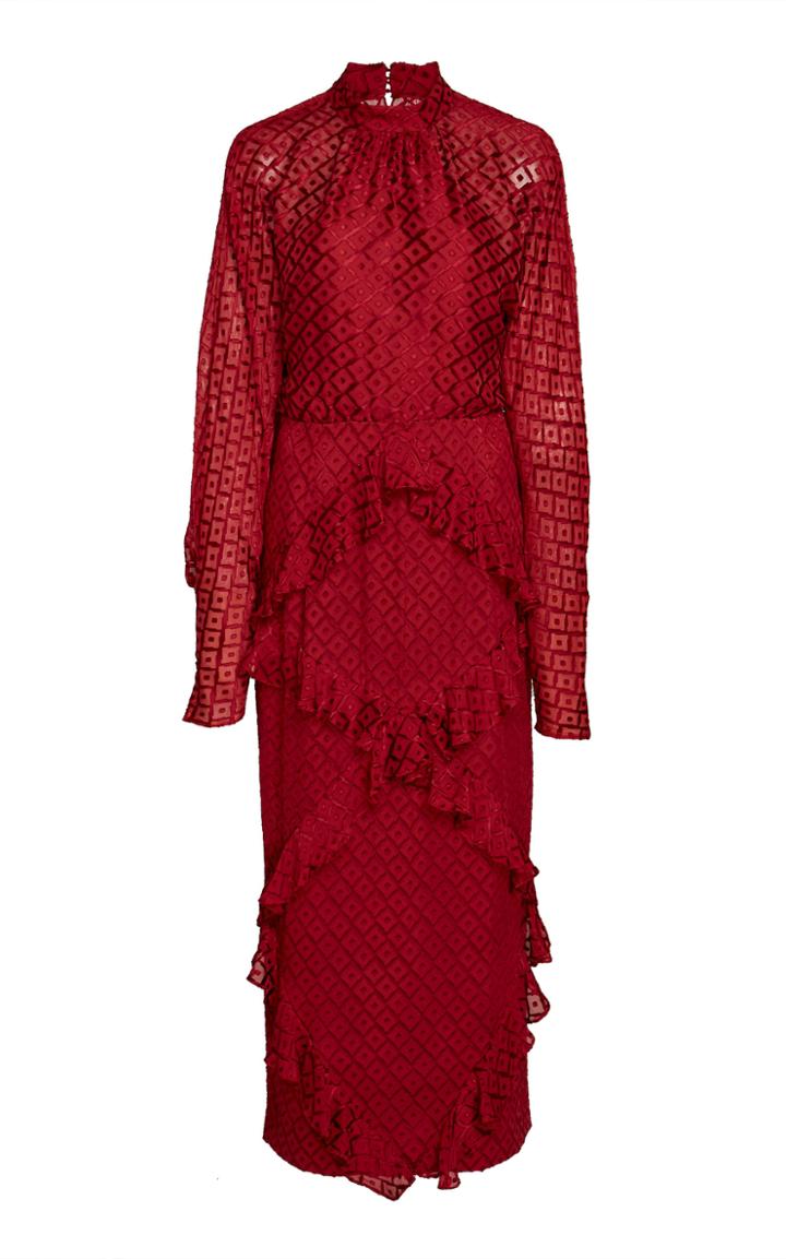Saloni Alek Devore Cascading Ruffle Midi Dress
