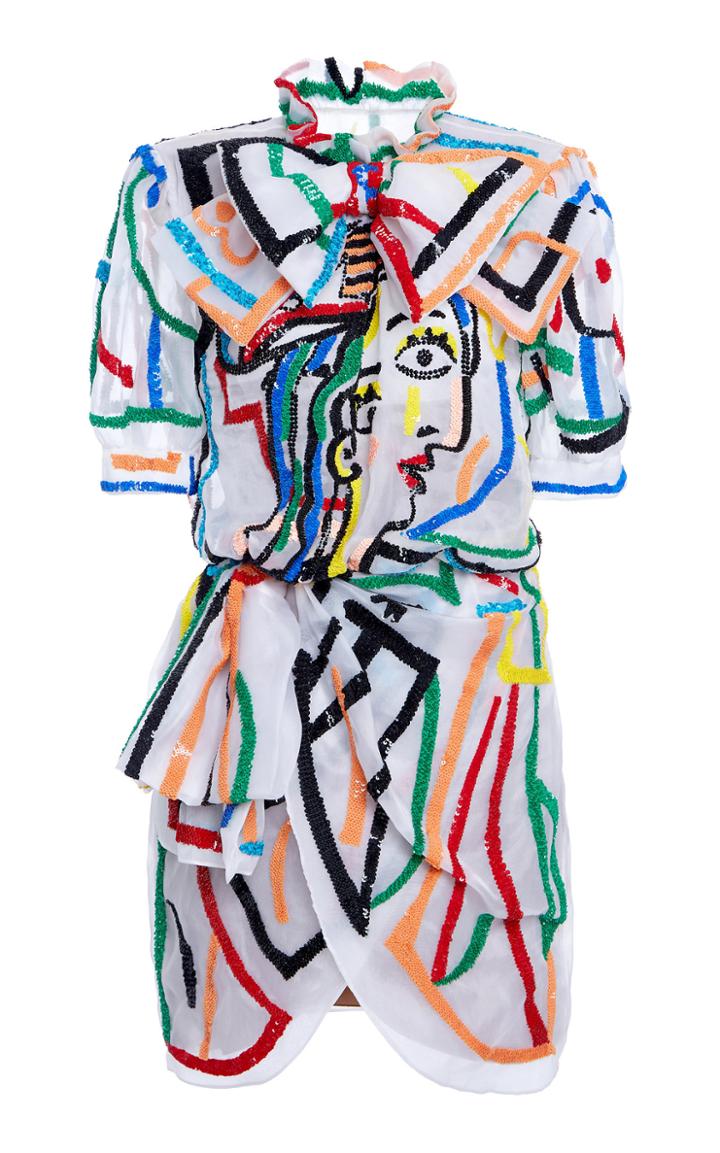 Moda Operandi Moschino Embroidered Pussy-bow Silk Dress Size: 38
