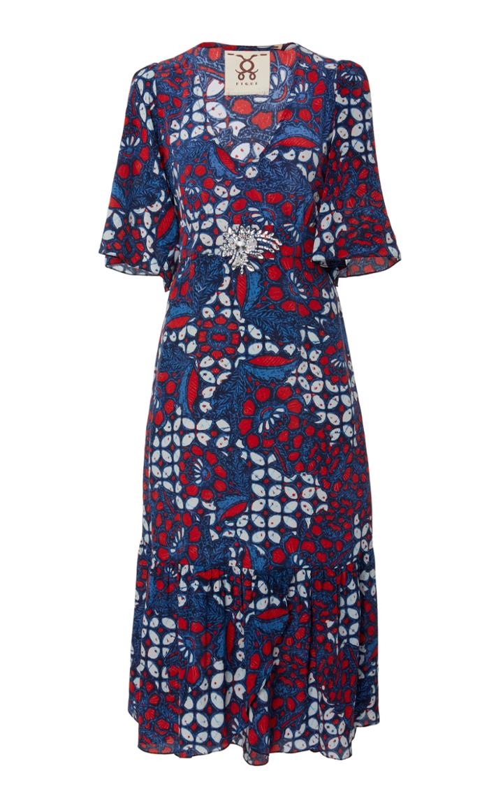 Figue Nadine Belted Printed Silk-crepe Midi Dress
