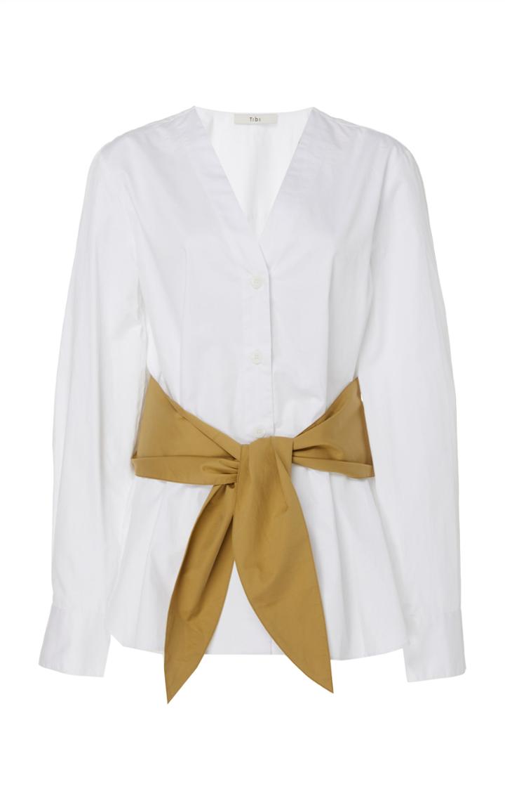 Tibi Satin Poplin Vneck Shirt W/ Removable Tie